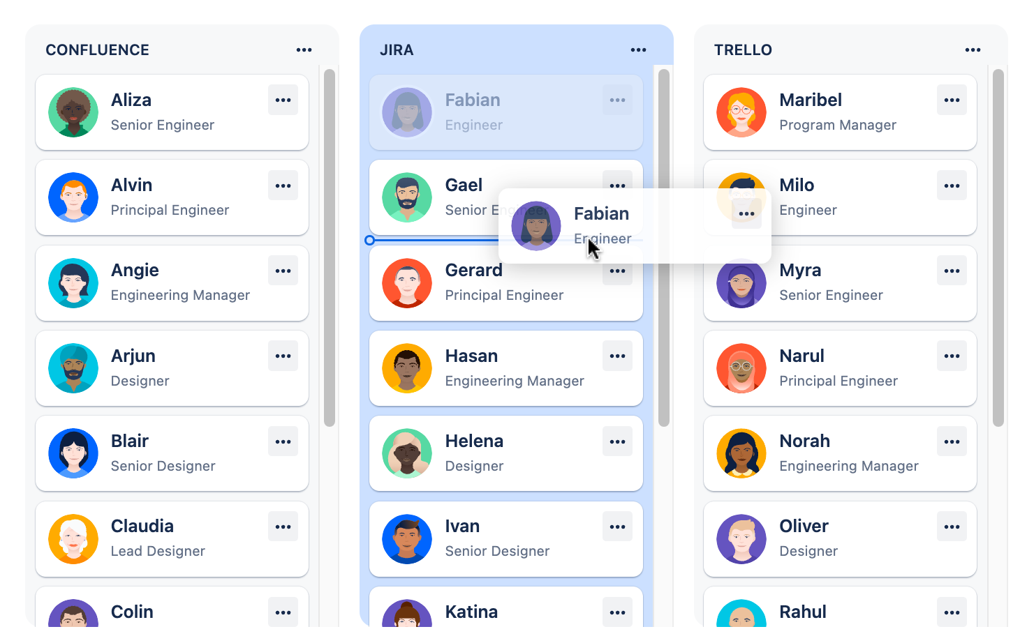 Pragmatic drag and drop in action — cards being dragged across Confluence, Jira, and Trello columns